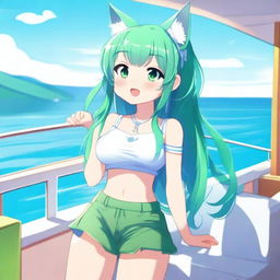 A green-haired cat girl with long hair enjoying a sunny summer day on a boat