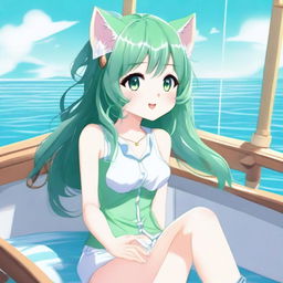 A green-haired cat girl with long hair enjoying a sunny summer day on a boat