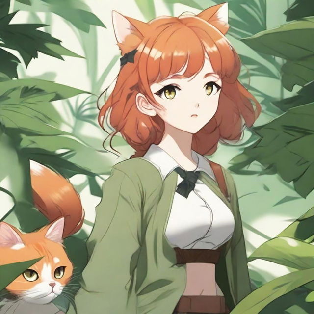 A ginger-haired cat girl exploring a lush jungle, depicted in the style of Korean manhwa