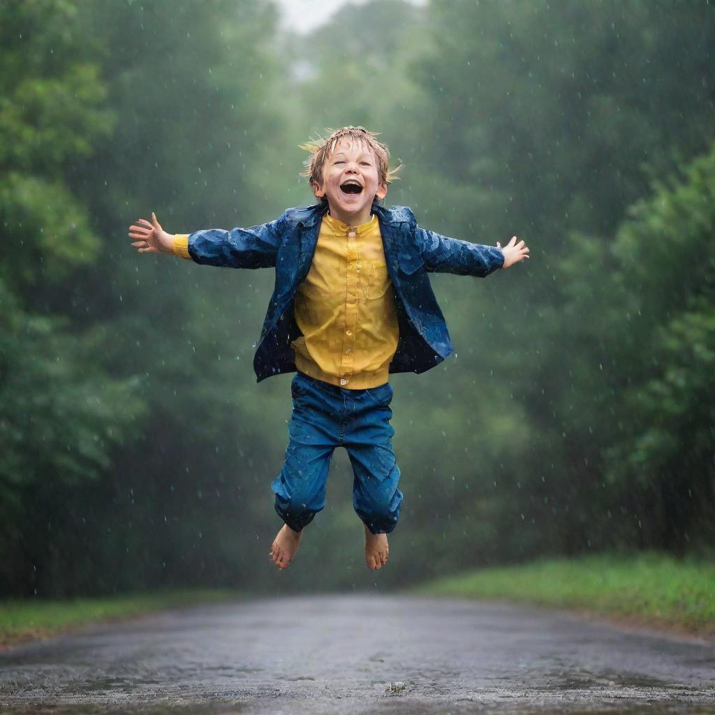 A joyous boy mid-jump under a torrent of falling rain, droplets scattered mid-air, creating a captivating and dynamic scene.