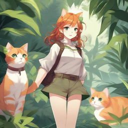 A ginger-haired cat girl exploring a lush jungle, depicted in the style of Korean manhwa