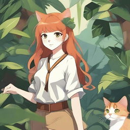 A ginger-haired cat girl exploring a lush jungle, depicted in the style of Korean manhwa