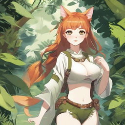 A ginger-haired cat girl exploring a lush jungle, depicted in the style of Korean manhwa