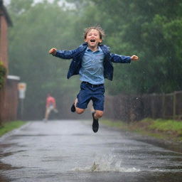 A joyous boy mid-jump under a torrent of falling rain, droplets scattered mid-air, creating a captivating and dynamic scene.