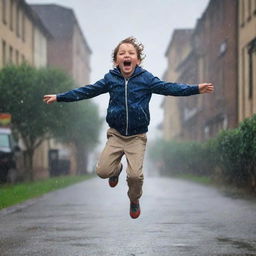 A joyous boy mid-jump under a torrent of falling rain, droplets scattered mid-air, creating a captivating and dynamic scene.