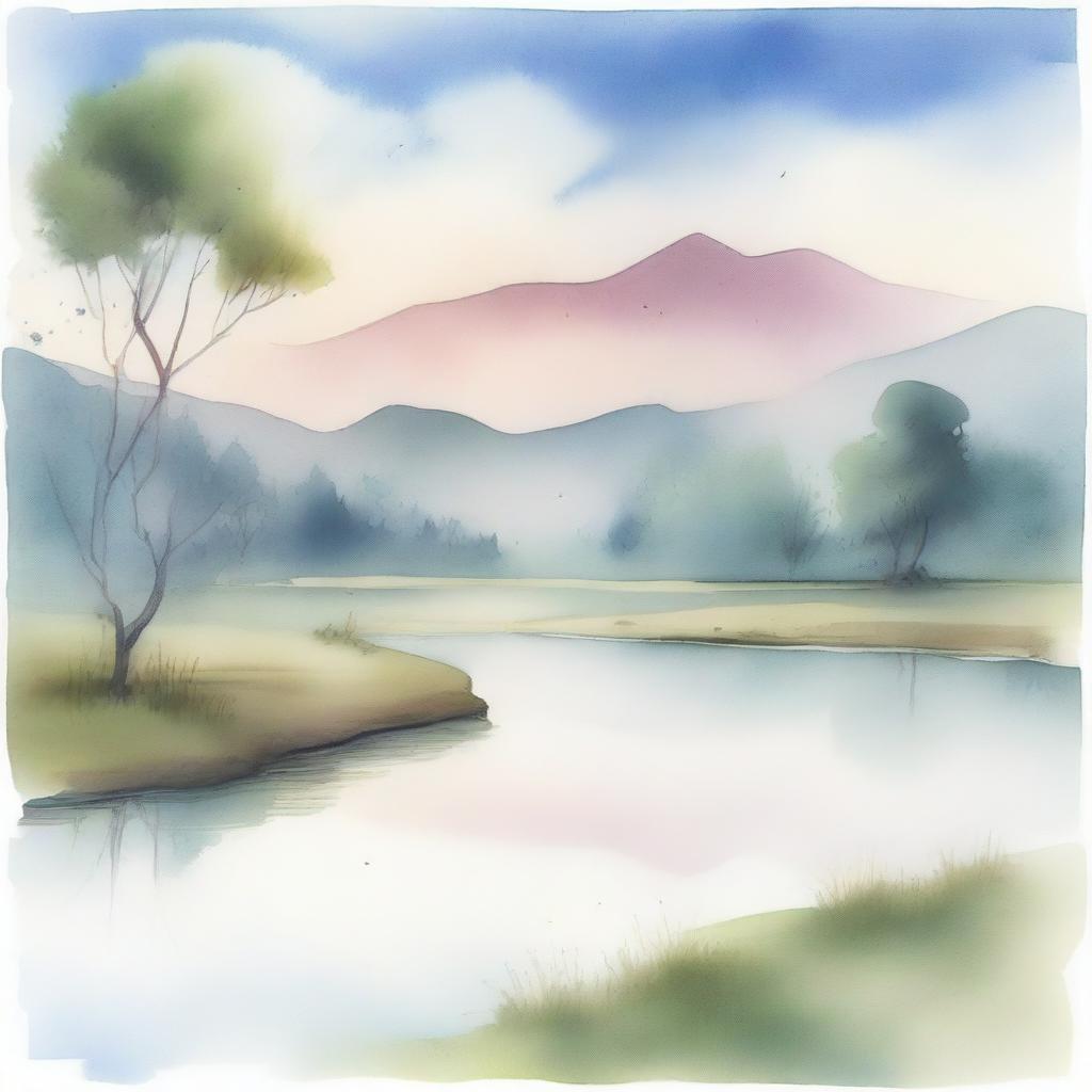 A serene and muted watercolour painting featuring a tranquil landscape with soft, pastel hues