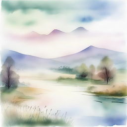 A serene and muted watercolour painting featuring a tranquil landscape with soft, pastel hues