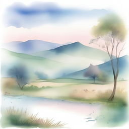 A serene and muted watercolour painting featuring a tranquil landscape with soft, pastel hues