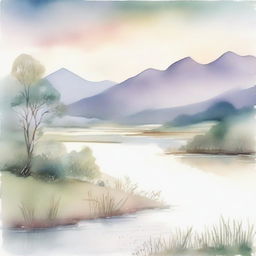 A serene and muted watercolour painting featuring a tranquil landscape with soft, pastel hues