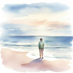 A muted watercolour painting of a traveller standing on a serene beach