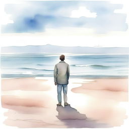 A muted watercolour painting of a traveller standing on a serene beach