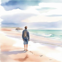 A muted watercolour painting of a traveller standing on a serene beach