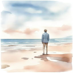 A muted watercolour painting of a traveller standing on a serene beach