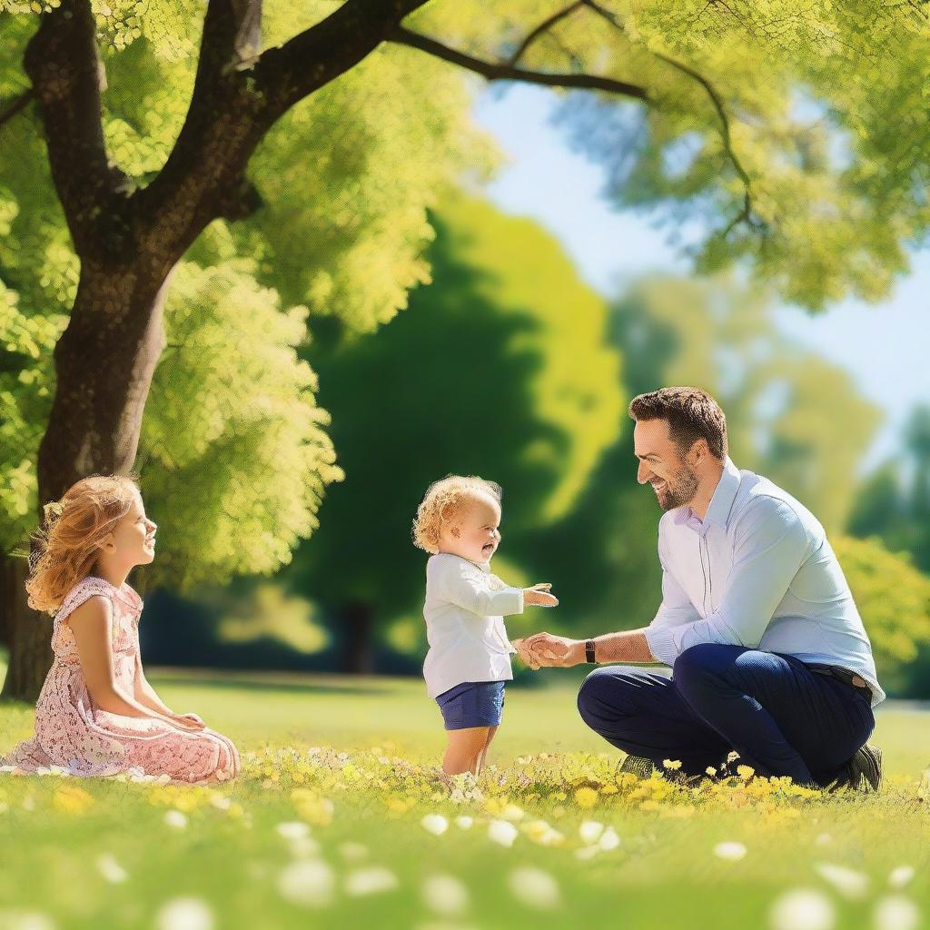 A joyful scene featuring a parent and their child along with a man in a suit, who is the other parent