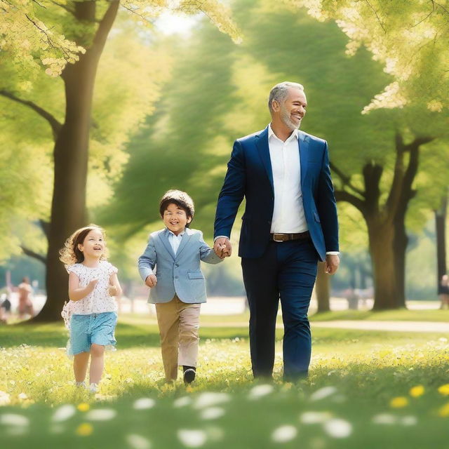 A joyful scene featuring a parent and their child along with a man in a suit, who is the other parent