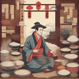 An intricate illustration depicting Munehisa Homma, the legendary Japanese rice trader, surrounded by ancient market charts and traditional Japanese elements