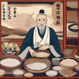 An intricate illustration depicting Munehisa Homma, the legendary Japanese rice trader, surrounded by ancient market charts and traditional Japanese elements