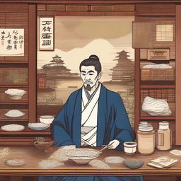 An intricate illustration depicting Munehisa Homma, the legendary Japanese rice trader, surrounded by ancient market charts and traditional Japanese elements