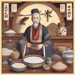 An intricate illustration depicting Munehisa Homma, the legendary Japanese rice trader, surrounded by ancient market charts and traditional Japanese elements