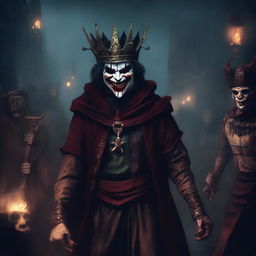 A sinister medieval jester with a blood-stained outfit and a crown, surrounded by a gang of menacing characters