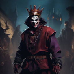 A sinister medieval jester with a blood-stained outfit and a crown, surrounded by a gang of menacing characters