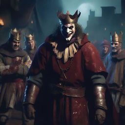 A sinister medieval jester with a blood-stained outfit and a crown, surrounded by a gang of menacing characters