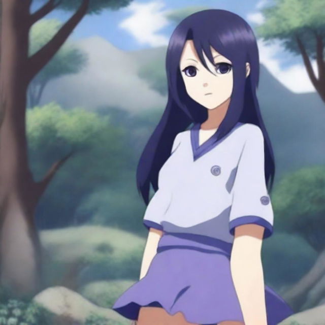 A detailed illustration of Hinata Hyuga from Naruto, wearing a short skirt