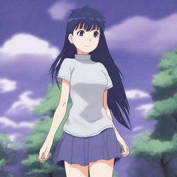 A detailed illustration of Hinata Hyuga from Naruto, wearing a short skirt