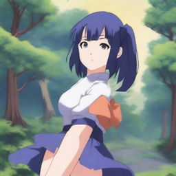 A detailed illustration of Hinata Hyuga from Naruto, wearing a short skirt