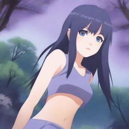 A detailed illustration of Hinata Hyuga from Naruto, wearing a short skirt