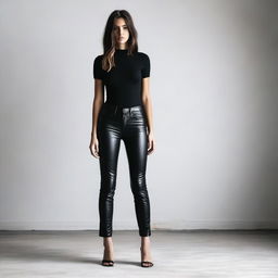 A girl in black leather pants, standing barefoot with a deep arch in her feet