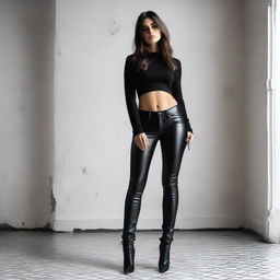 A girl in black leather pants, standing barefoot with a deep arch in her feet