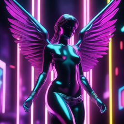 A 3D angel statue exuding sadness, set against a backdrop of dark neon lights