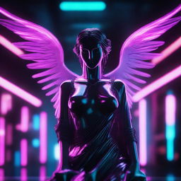 A 3D angel statue exuding sadness, set against a backdrop of dark neon lights