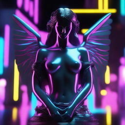 A 3D angel statue exuding sadness, set against a backdrop of dark neon lights