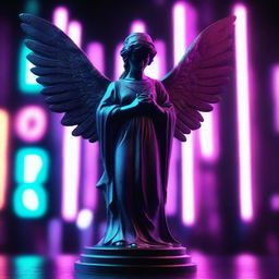 A 3D angel statue exuding sadness, set against a backdrop of dark neon lights