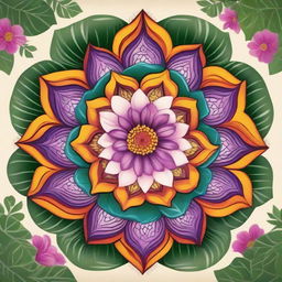 A detailed and vibrant illustration of a mandhara flower in full bloom, showcasing its intricate petals and rich colors