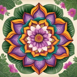 A detailed and vibrant illustration of a mandhara flower in full bloom, showcasing its intricate petals and rich colors