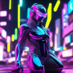 A futuristic 3D statue in a cyberpunk environment, illuminated by neon lights