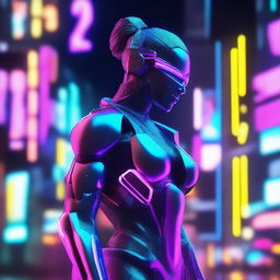 A futuristic 3D statue in a cyberpunk environment, illuminated by neon lights