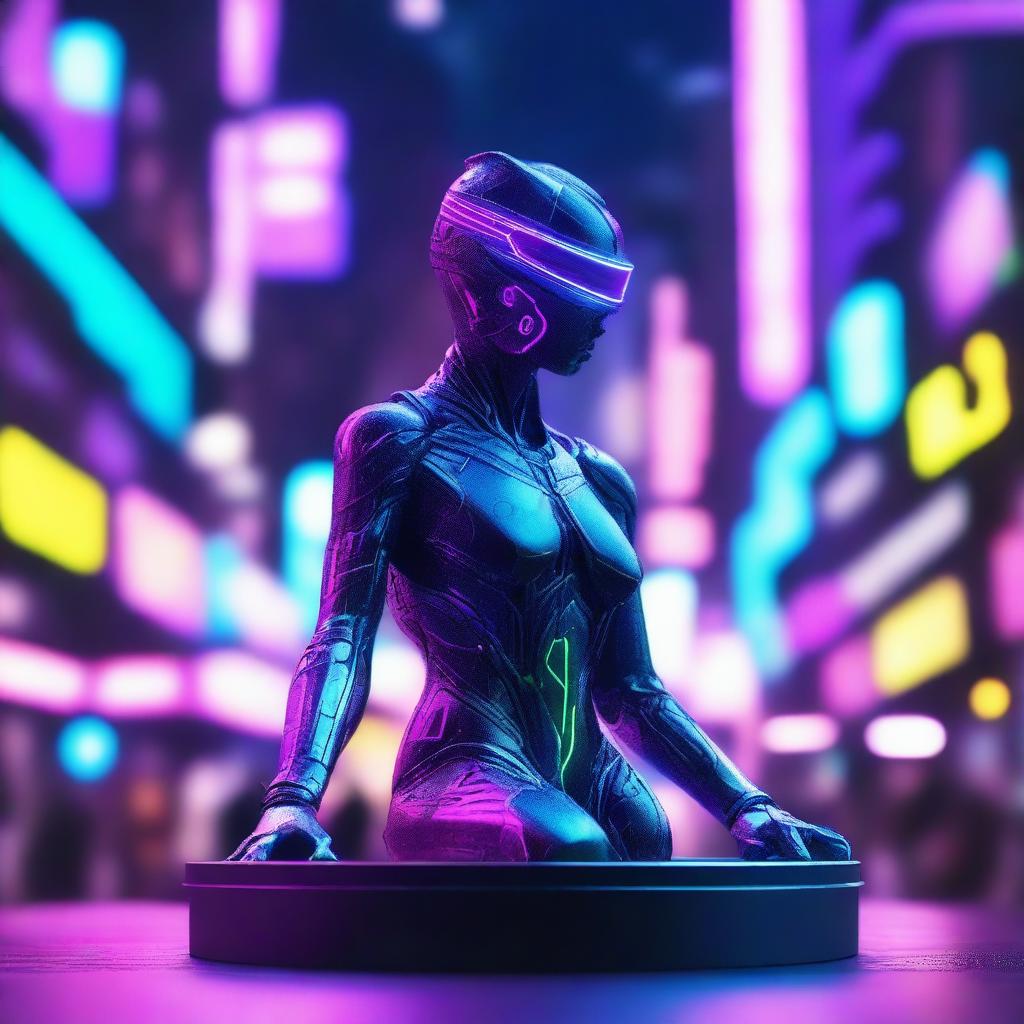 A futuristic 3D statue in a cyberpunk environment, illuminated by neon lights