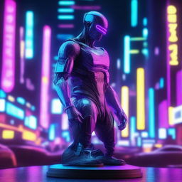 A futuristic 3D statue in a cyberpunk environment, illuminated by neon lights