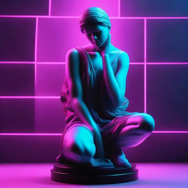 Create a 3D statue with a dark and sad expression, illuminated by neon lighting