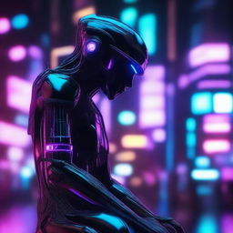 A dark, 3D statue with a somber expression, rendered in a cyberpunk style