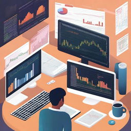 An illustration of Forex trading, featuring various currency symbols like USD, EUR, JPY, and GBP