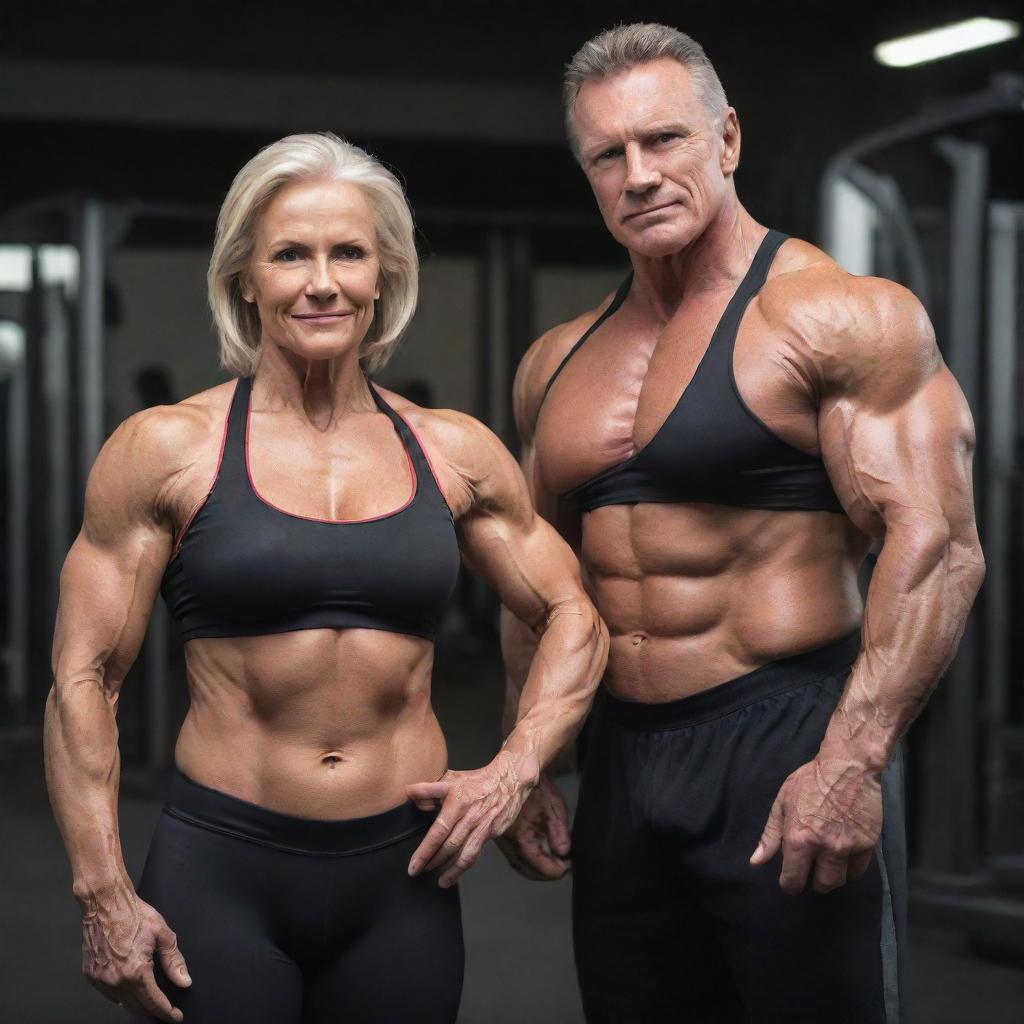 A mid-aged couple of bodybuilders, showing off their defined muscles and strength while wearing athletic sportswear in a gym environment.