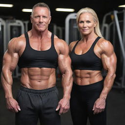 A mid-aged couple of bodybuilders, showing off their defined muscles and strength while wearing athletic sportswear in a gym environment.