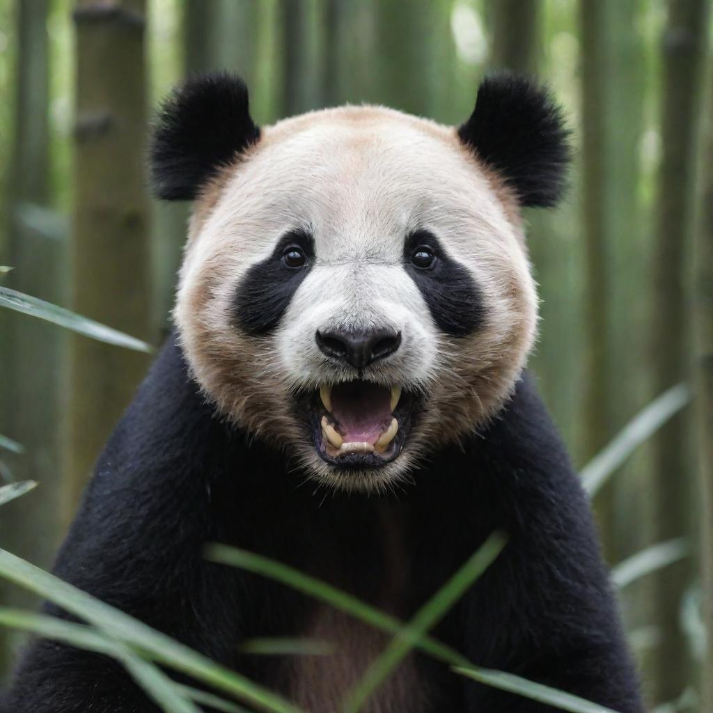 An unusual sight of a carnivorous panda showcasing sharp teeth and primal instincts, set against the backdrop of a dense bamboo forest