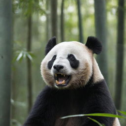 An unusual sight of a carnivorous panda showcasing sharp teeth and primal instincts, set against the backdrop of a dense bamboo forest