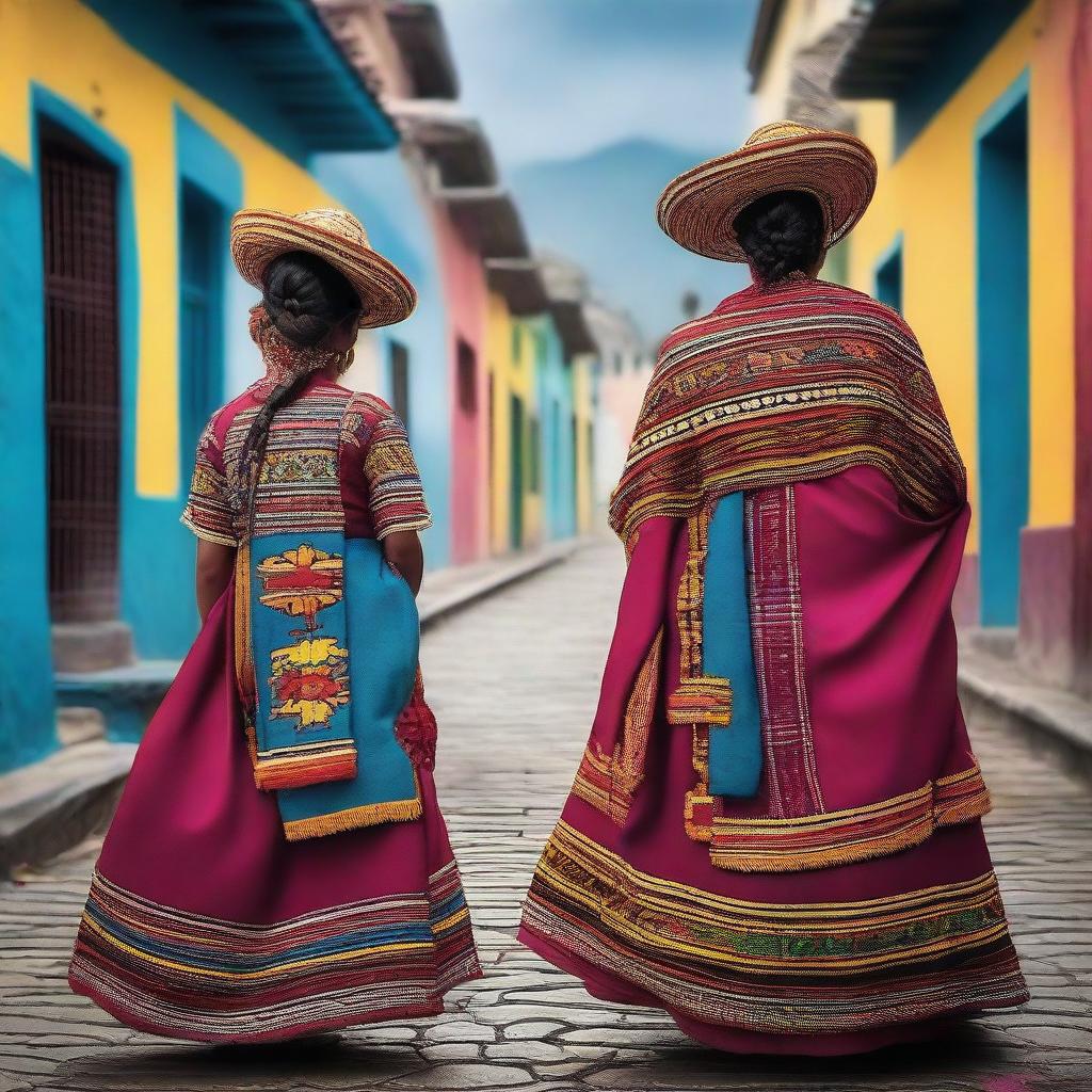 Create an image featuring the beauty of Guatemala with a focus on its vibrant culture, traditional clothing, and stunning landscapes